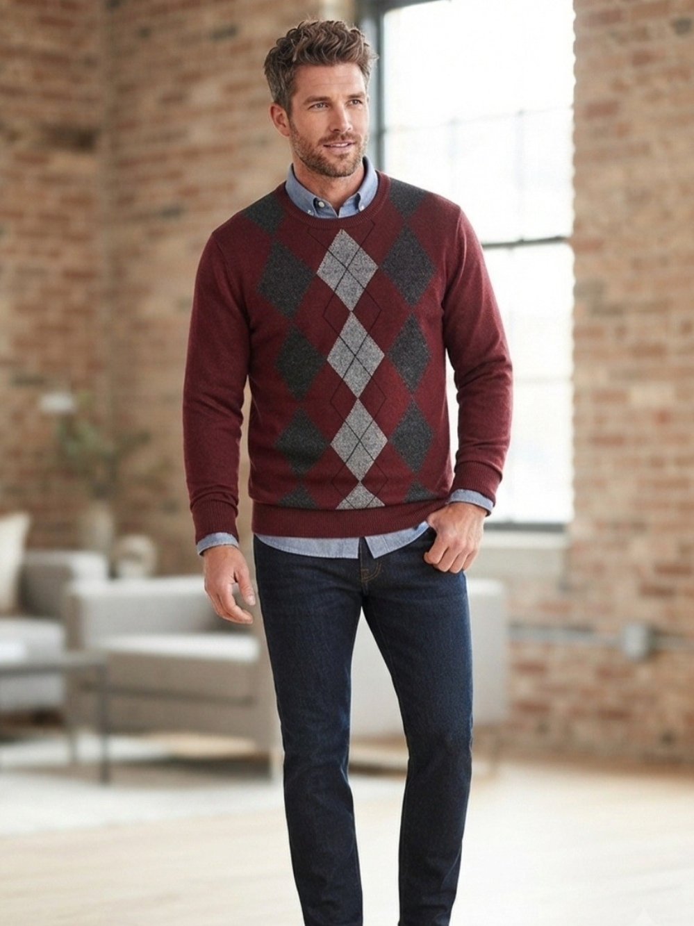 Geoffrey Beene Mens Argyle Sweater Burgundy Gray Long Sleeve Crew Neck Size L